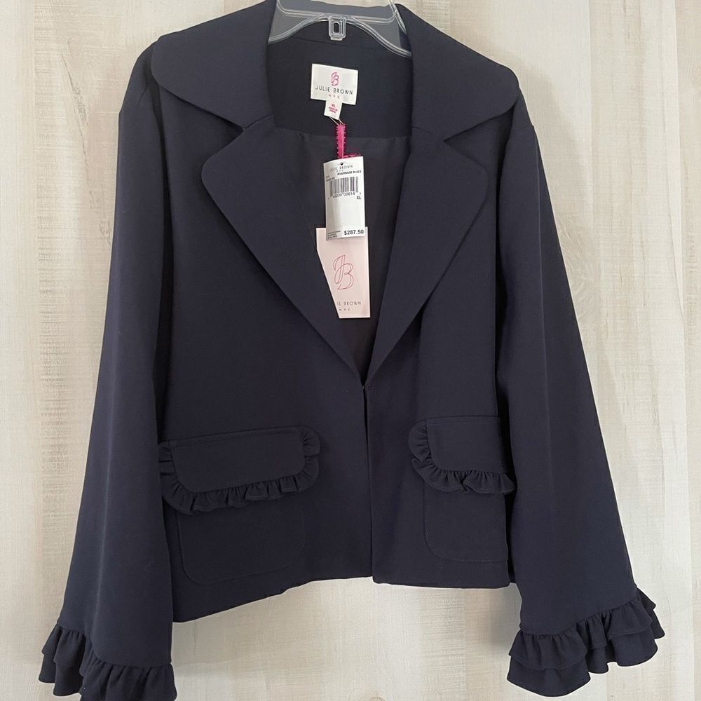 NWT Julie Brown NYC navy blazer jacket with ruffle at wrist, size XL - Picture 1 of 14